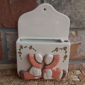 Vintage ceramic painted wall pocket pen/paper holder